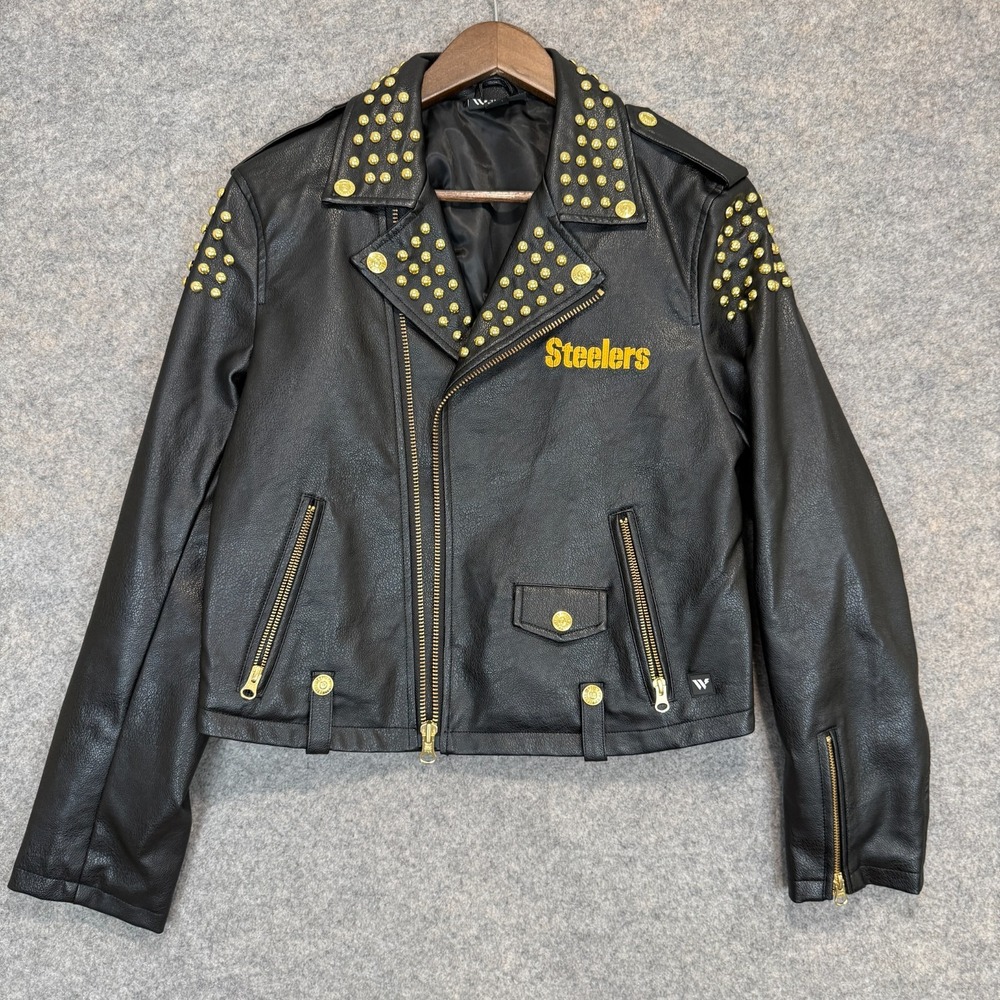 Pittsburgh Steelers Wild Collective Faux Leather Bomber Jacket Womens Large Rare